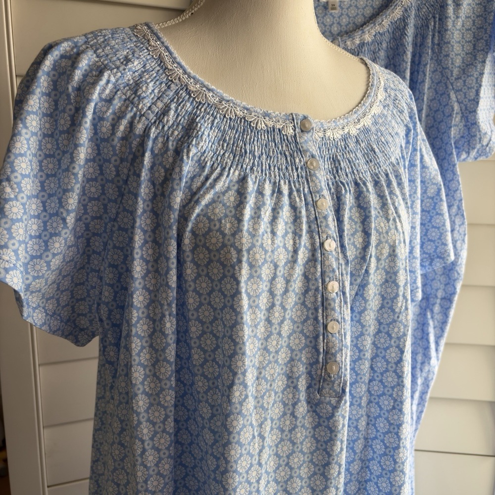 Aria Lot 2 Blue Floral Nightgown 3X House Dress Loungewear Pockets 100% Cotton - Picture 3 of 10